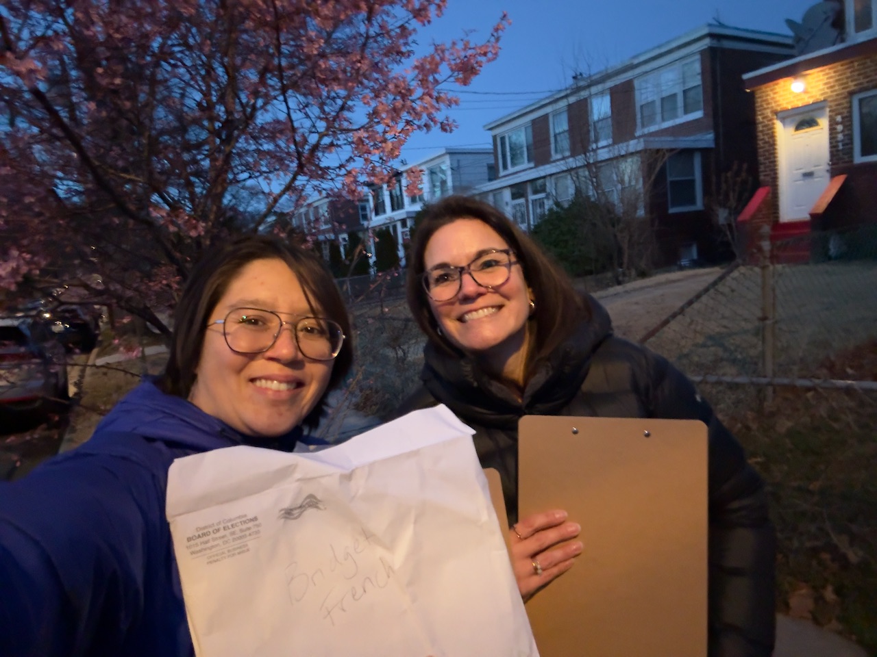 Bridget and volunteer collecting ballot petition signatures in Ward 5.